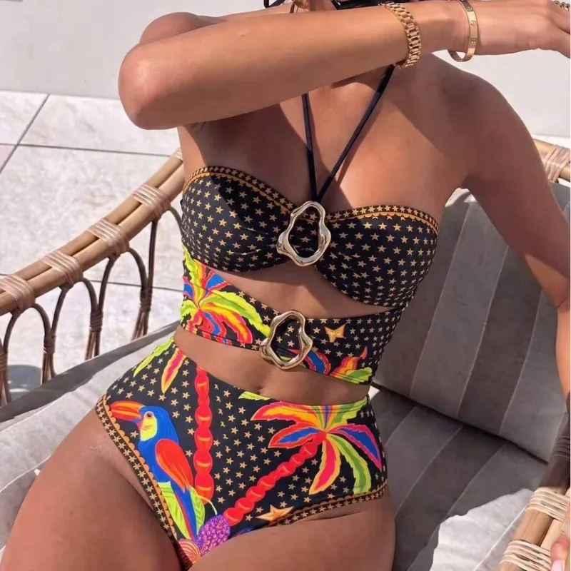 Halter One Piece Swimsuit Sexy Hollow Swimwear Women Shoulder Trikini Swimsuit Print Beach Wear Female Слитный Купальник Женск
