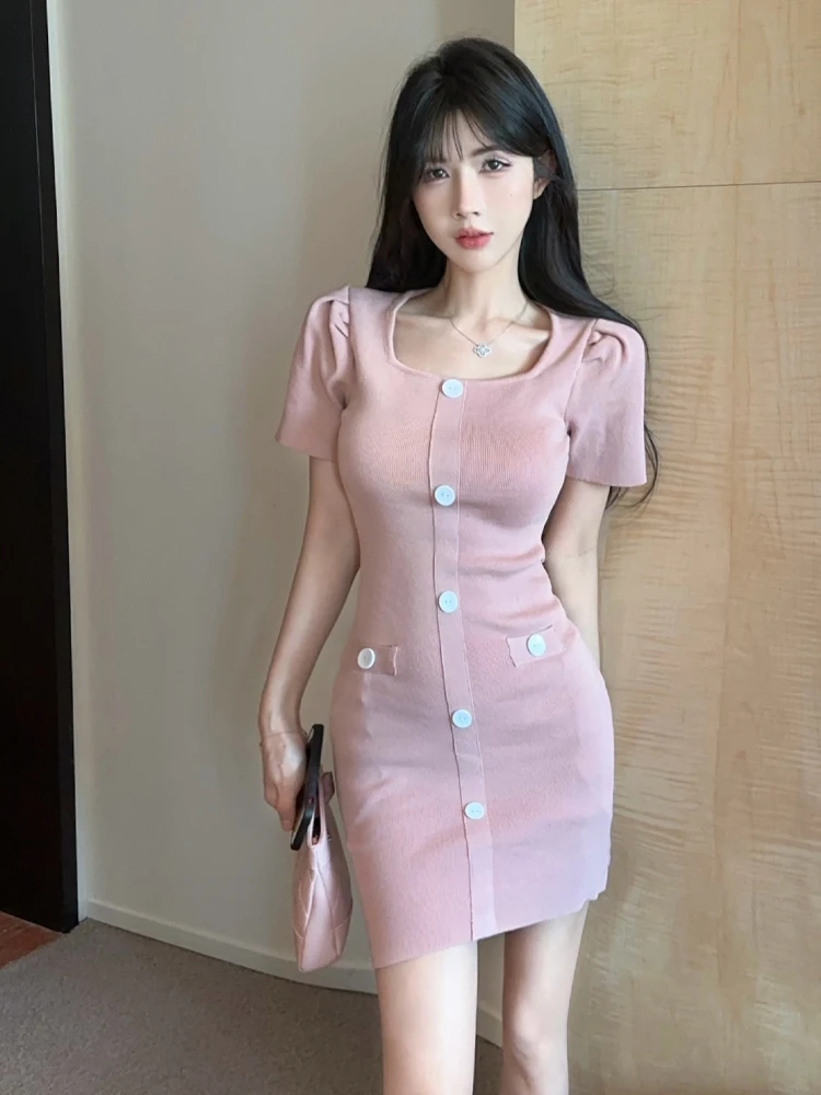 

Sexy Slim Fit Knitted ort Sve U-Ne Single Button Dr Retro Pure Desire Skirt for Young Women in Summer