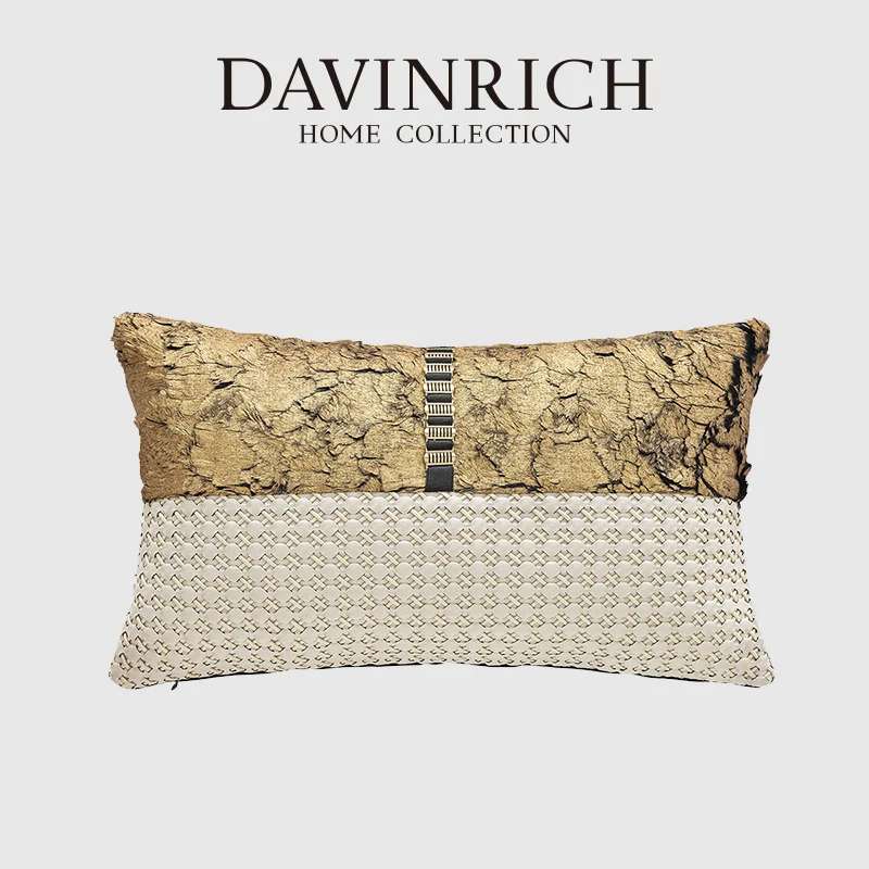 DAVINRICH Foil Gold Bronzing Leather Patchwork Waist Cushion Cover Modern Luxury Upholstered Pillow Case For Bedroom Sofa Couch