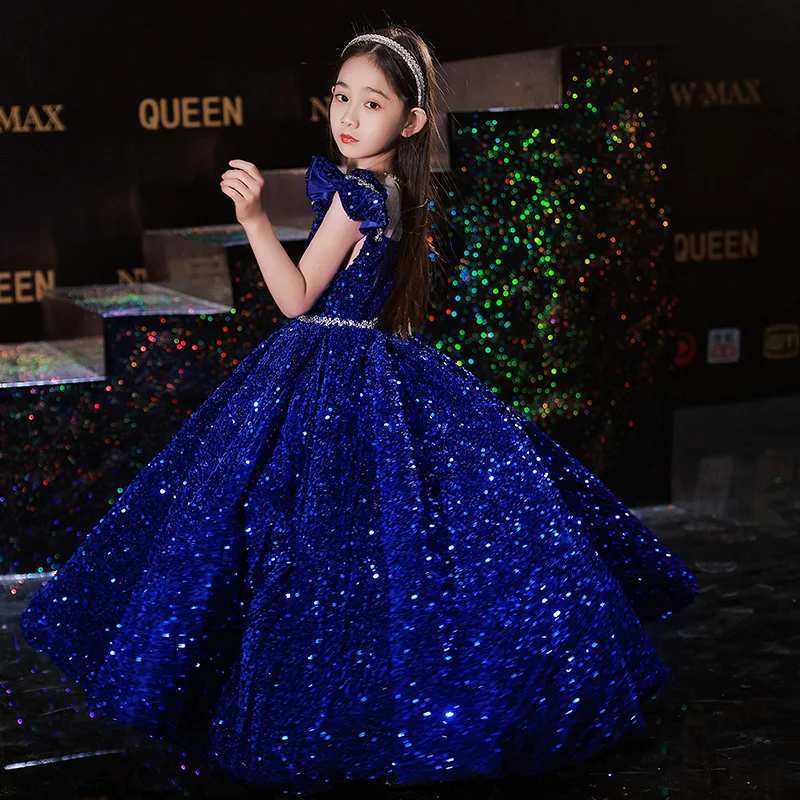 Little Girls Sparkle Sequin Dress Formal Party Banquet Gown Girls Beauty Game Dresses Pearls Kids Evening Cocktail Puffy Dress