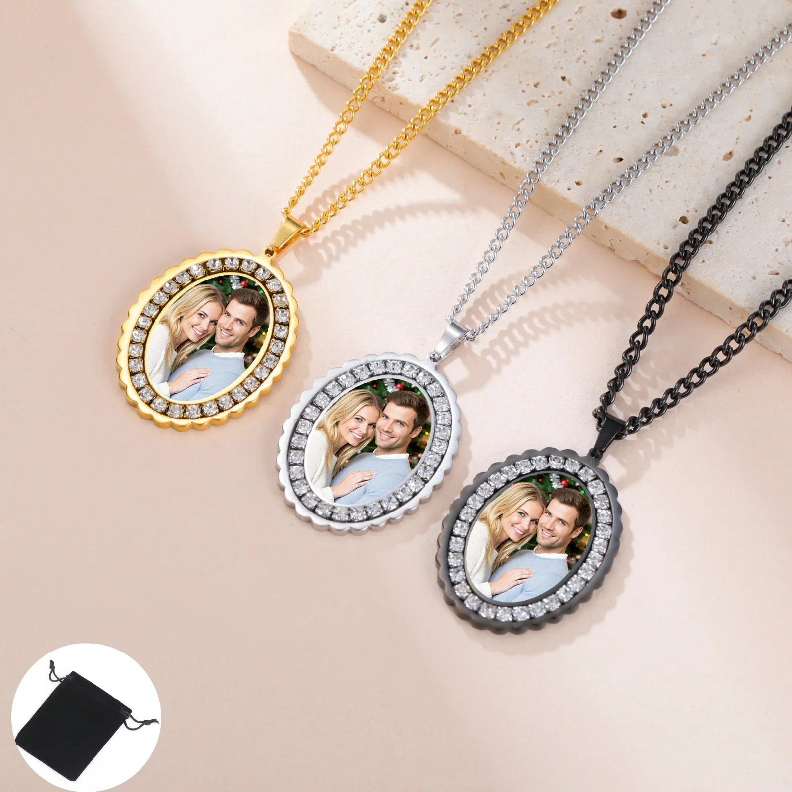 Customized color printed photo necklace oval pendant necklace stainless steel picture customization rhinestone inlaid jewelry