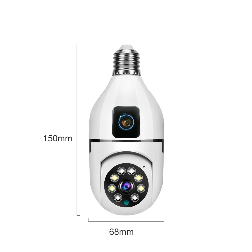 Vigilância Sem Fio Smart Home Security, Dual Lens Screen, E27 Bulb Camera, Audio Video Recorder, Night Vision, Wi-Fi Indoor Monitor