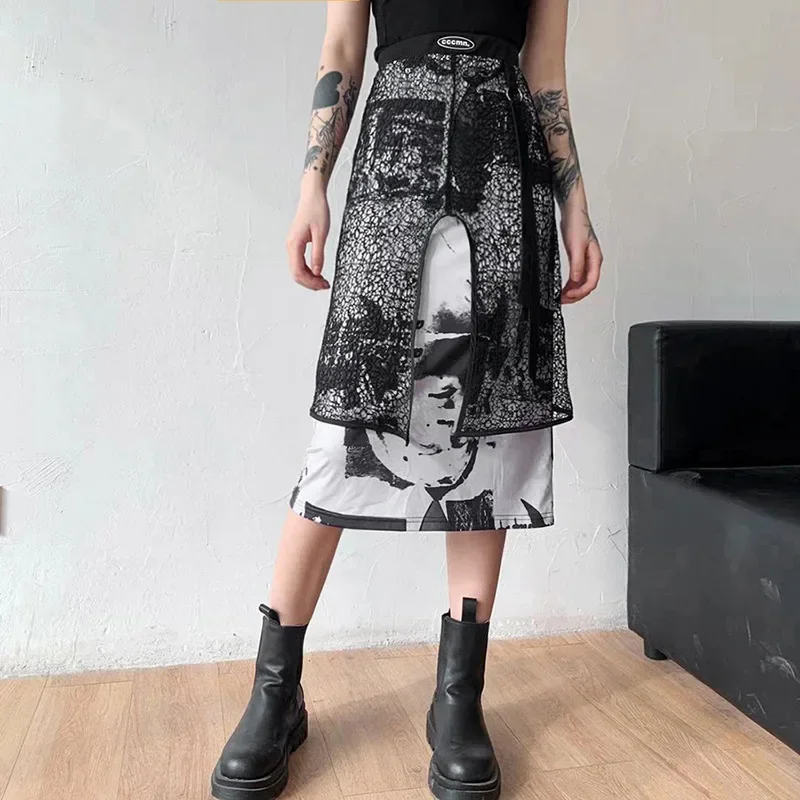 

Women Fashion Gothic Print Mesh Patchwork Stretch High Waist Skirt Y2k Vintage Female Casual Wild Basic Long Skirt Summer Indie