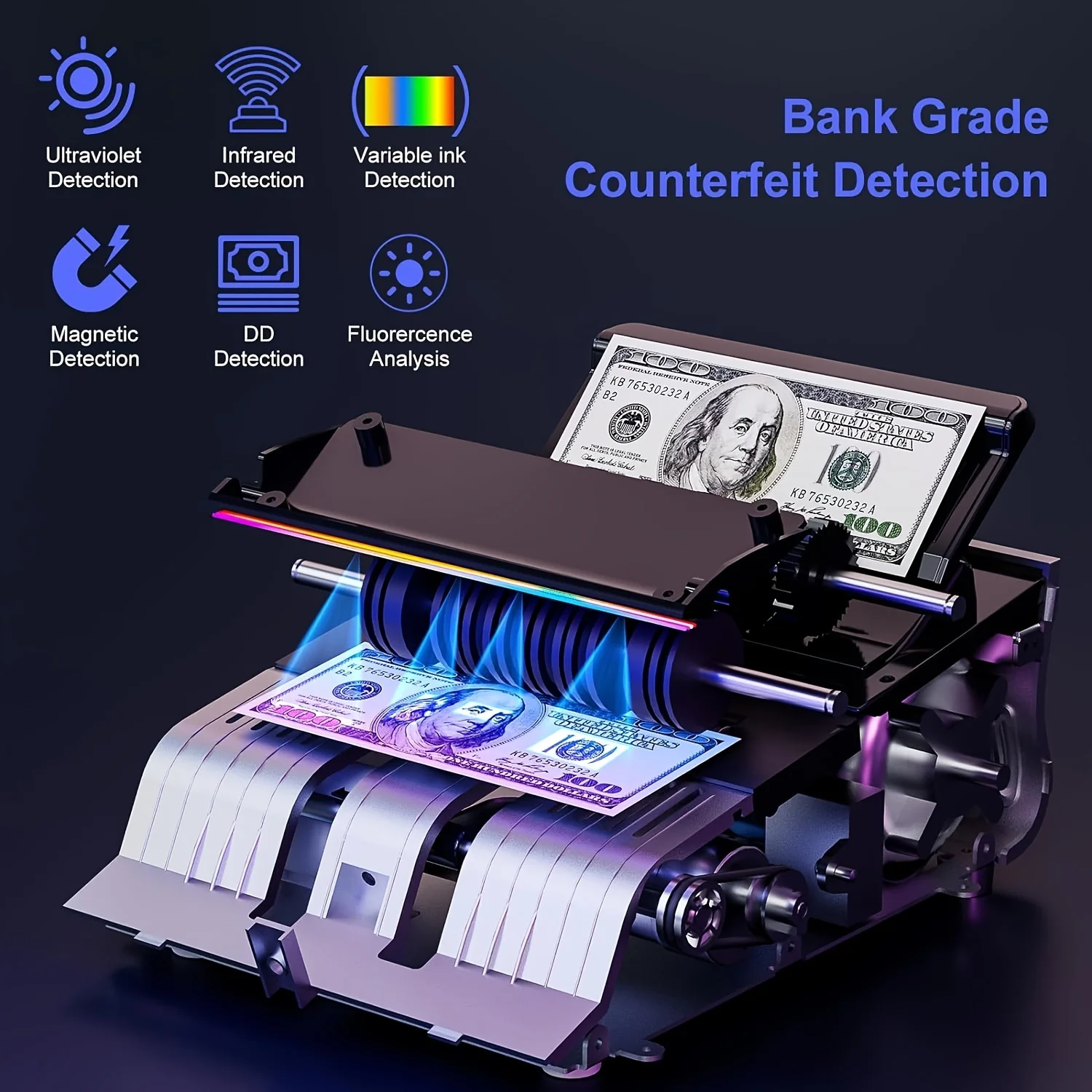 US Plug 110V Money Counter Machine with UV MG IR DD Counterfeit Detection, 1000 Bills/Min Cash Counting Machine, Add Batch Auto