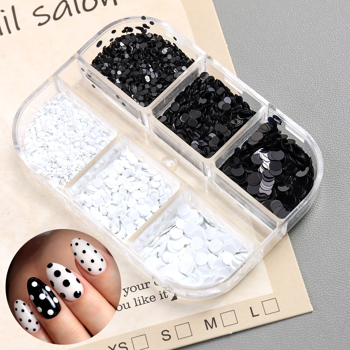 Schwarz-weiße Polka-Dot-Glitzer-Nagelkunst-Accessoires, Retro-Blumen-Patchwork-Glitzer-Nagelkunst, vielseitiger runder Punkt-Glitzer zum Selbermachen – Detail 4