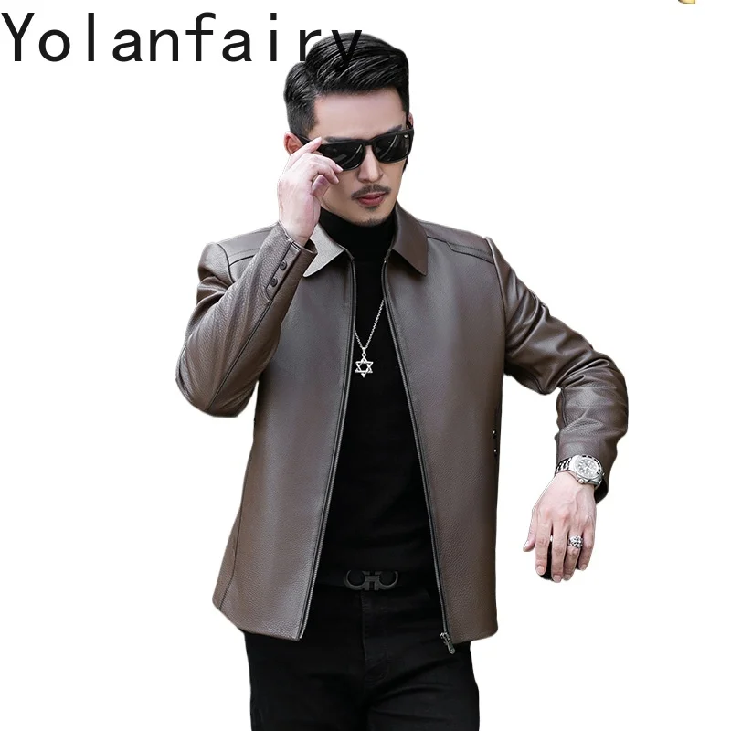 

YOLANFAIRY, новые коричневые кожаные куртки из воловьей кожи с верхним слоем, мужские осенне-зимние 2022, короткая куртка из 100% натуральной кожи, мужское пуховое пальто