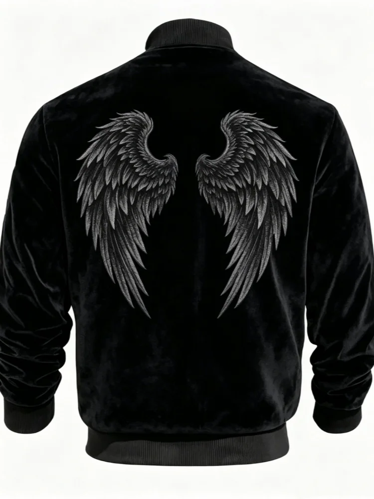 Men Stand Collar Zip Bomber Jacket Slim Fit With Pockets Back Big Wing Pattern Streetwear Casual Coat