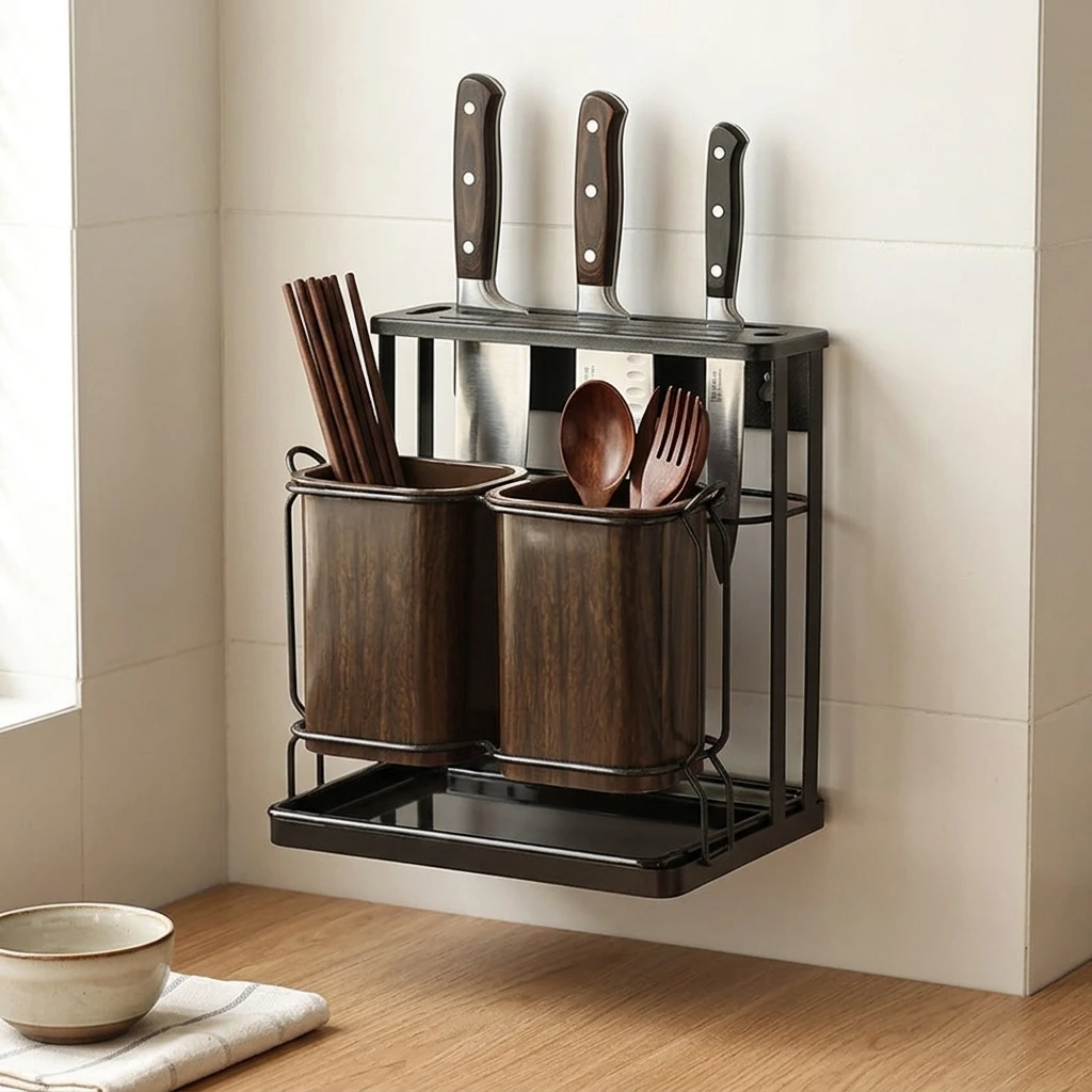 Knife Holder Stainless Steel Utensil Organizer Rack Drainage System for Kitchen Wall Mount Space Saving Storage Durable
