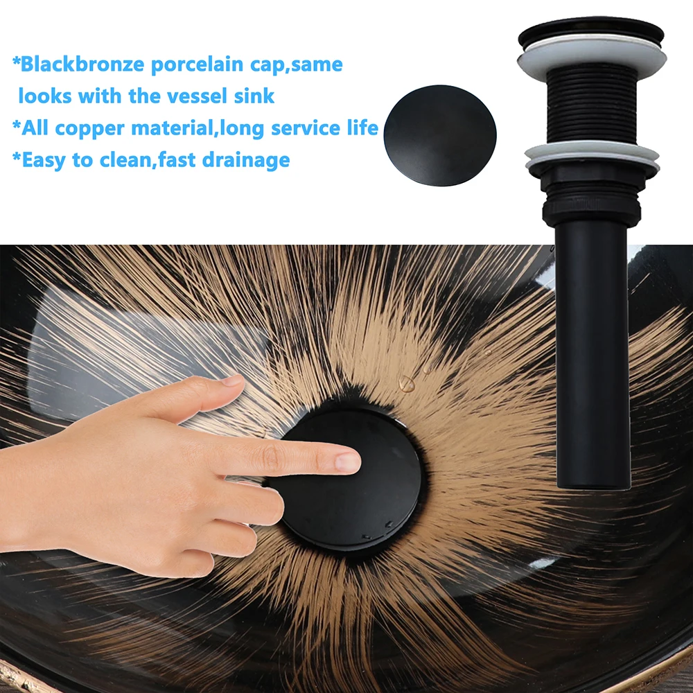 Torayvino Art Oval Ceramic Bathroom Basin Above Counter Vessel Vainty with Black Waterfall Mixer Faucet Pop-up Drain Combo Kit