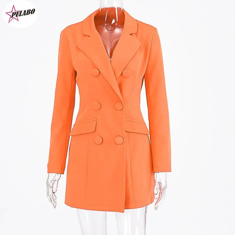 PULABO Long Sleeve Slim Blazer Dress Autumn Winter Women Fashion Pure Orange Streetwear Outfits Windbreak