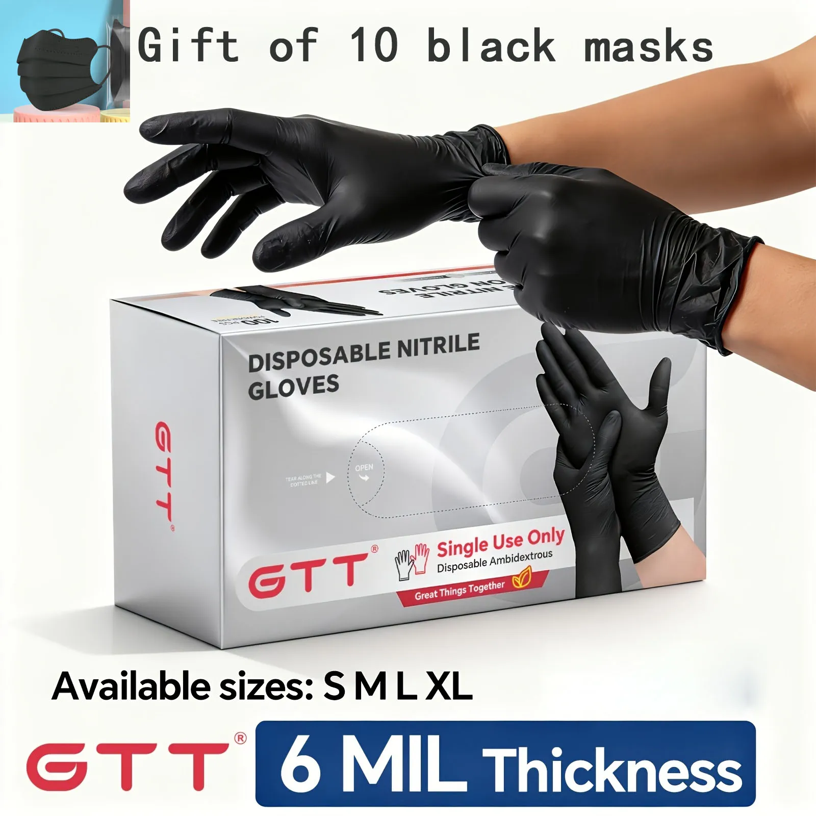 100 Pieces of 6Mil BlackNitrile Disposable Gloves Without Powder or Latex Tattoos, Kitchen Gloves (1 Pack of Black Masks Include