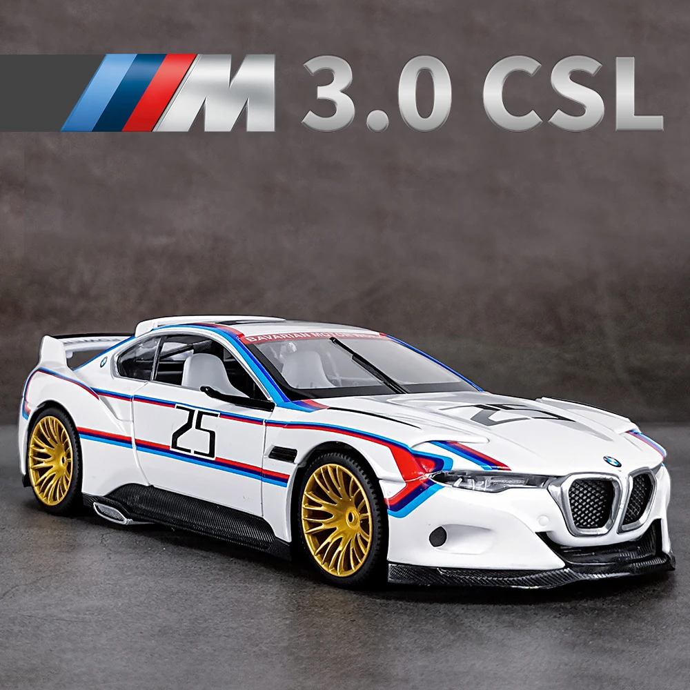 Coche de carreras de pista de aleación BMW CSL 1:24, coche de juguete de Metal fundido a presión, modelo deportivo, simulación de sonido y luz, colección de regalo para niños