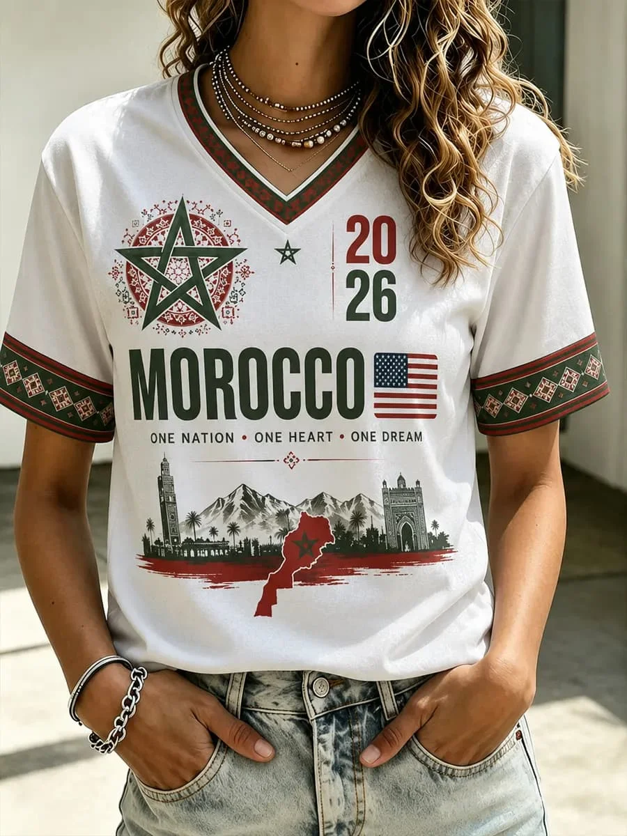 2026 New Morocco Soccer Jersey Black with Traditional Geometric Print & MOROCCO Text V-Neck Casual T-Shirt Family Matching