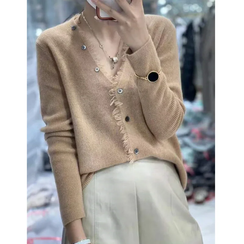 Fashionable tassel v-neck cashmere knit cardigan women chunchun Korean slim top loose sweater sweater coat