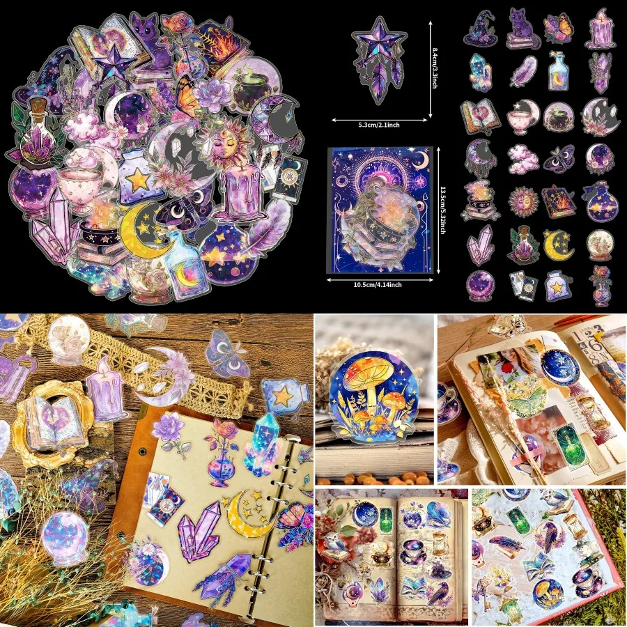 

Holographic Gold Foil Magic Witch Astrology Stickers - 30Pcs Transparent Mysterious Witchy Stuff Stickers for Scrapbook Journal