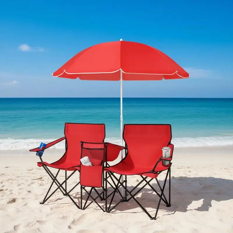 Chaise double pliante portable pour pique-nique avec parasol - Rouge