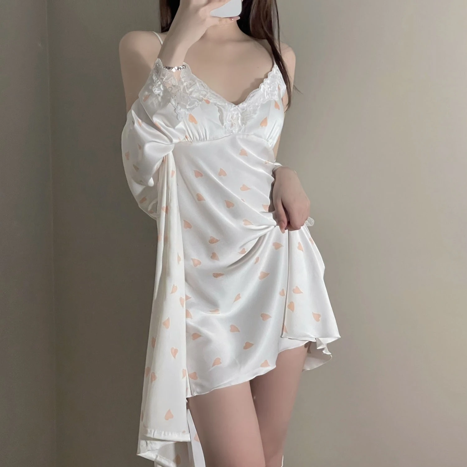 Print LOVE Twinset Robe Set Women Lace Kimono Bathrobe Gown Sleep Suit Summer Nightgown Sleepwear Satin Home Dress Loungewear