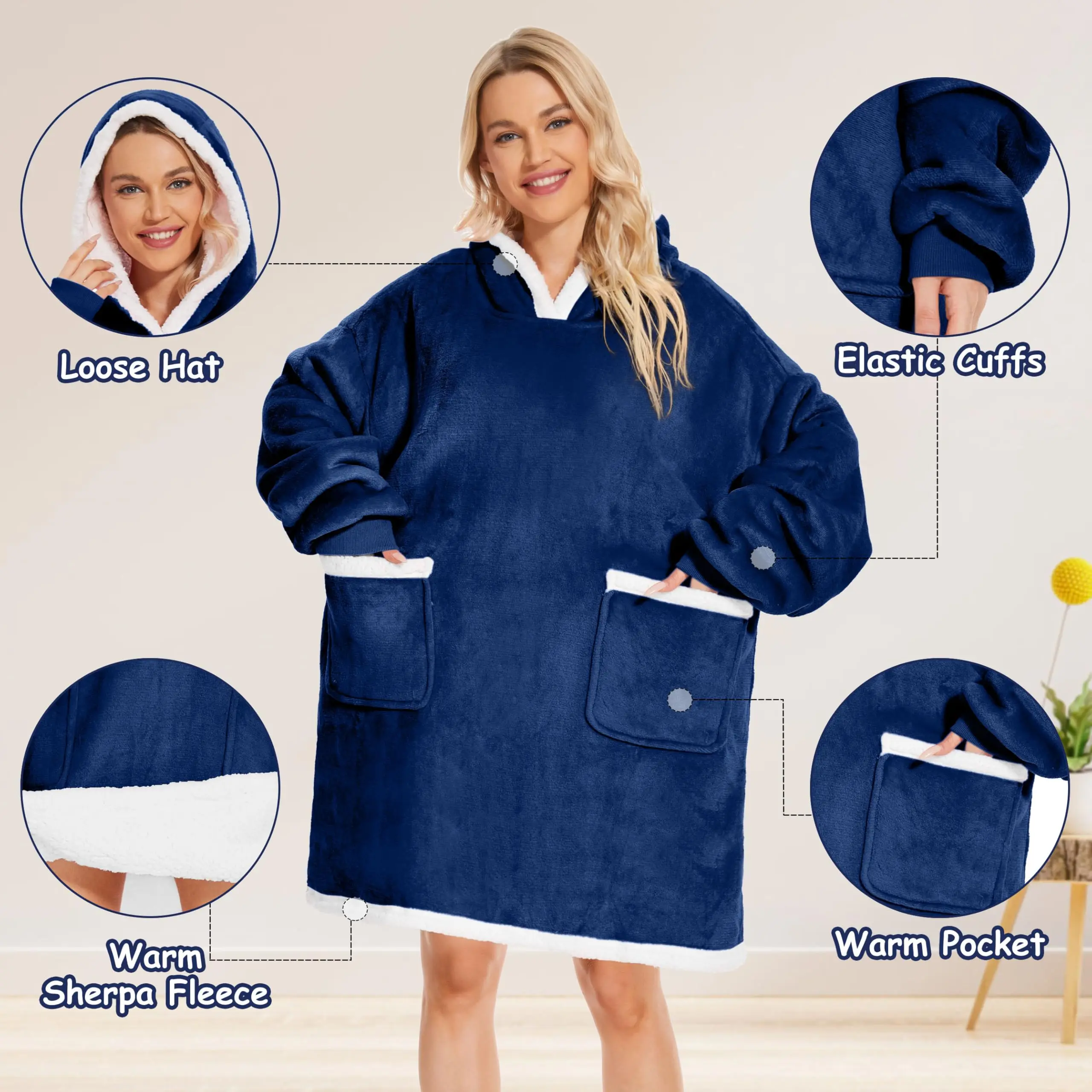 Long Hooded Wearable Blanket, Oversized Sherpa Lined Hoodie Blanket with Big Pockets, Extra Long Flannel Wearable Robe Blanket