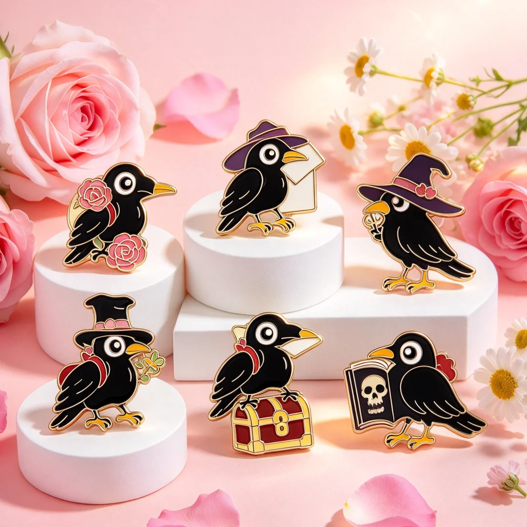Cute Crow Enamel Pin Set Cartoon Black Raven Brooch Witch Hat Rose Book Treasure Chest Lapel Badge Gothic Halloween Backpack Pin
