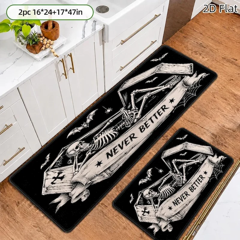 VIKAMA Halloween Skeleton Coffin Carpet Gothic Anti Slip Door Mat Absorbent Floor Mat Indoor Entrance Home Decoration