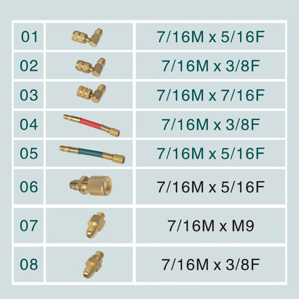 

8Pcs Auto Refrigeration Adapter Repair Fittings Set R134a Flexible 90 Degree Hose Kit Car Air Condition Tools