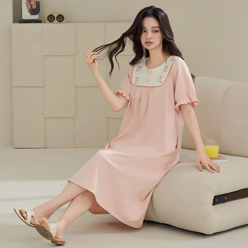 Plus Size Pure Cotton Pajama Dress Women's Korean Style Summer Short-sleeved Loose Floral Nightgown Soft Comfortable Sleepwear