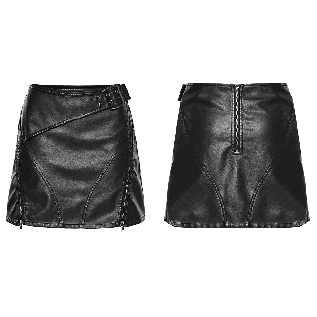 PUNK RAVE Gothic Black Faux Leather Mini Skirt Women High Waisted Zipper Punk A-Line Skirt WQ686