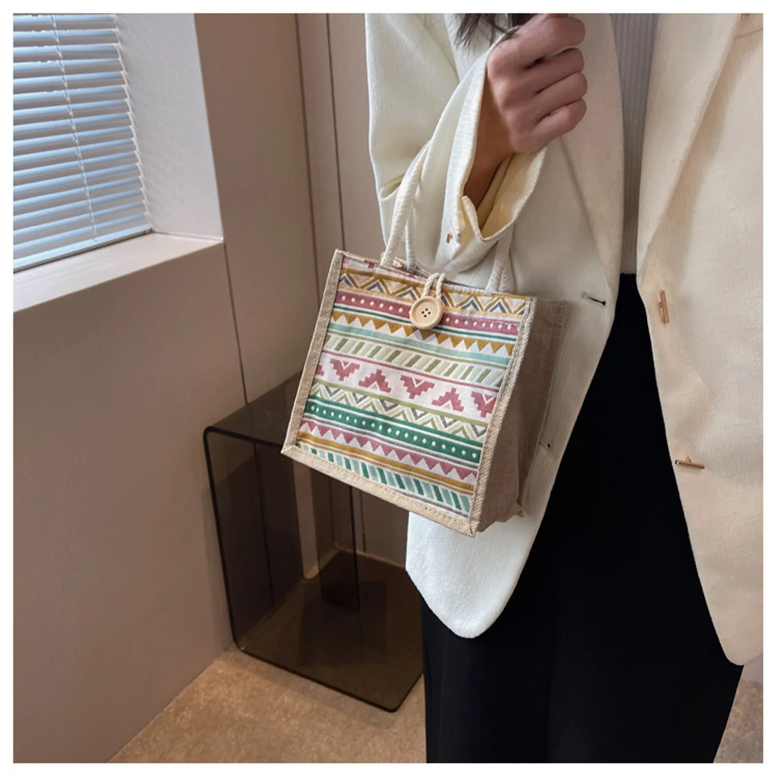 Fashion Woman Burlap Jute Tote Shopping Bag With Botton Vintage Reusable Grocery Wedding Birthday Gift Bag Ladies Handbags