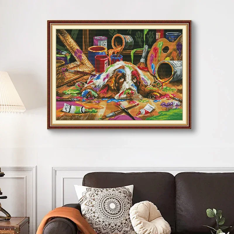 

Joy Sunday Cross Stitch Kit Puppy Loves To Draw Pattern Counted Printed Fabric Canvas Aida 16/14/11CT DIY Hand Embroidery Set