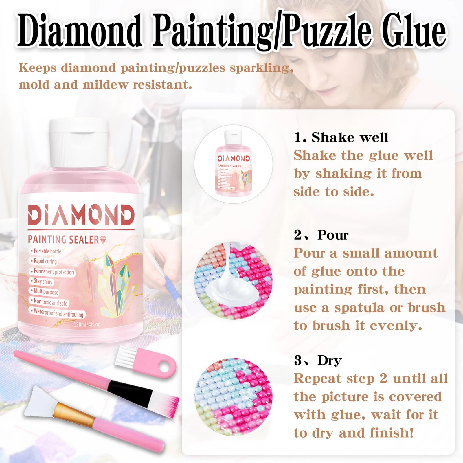 Diamond Painting Sealer, 5D Diamond Painting Glue Permanent Hold & Shine Effect Sealer for Diamond Painting and Puzzle Glue.