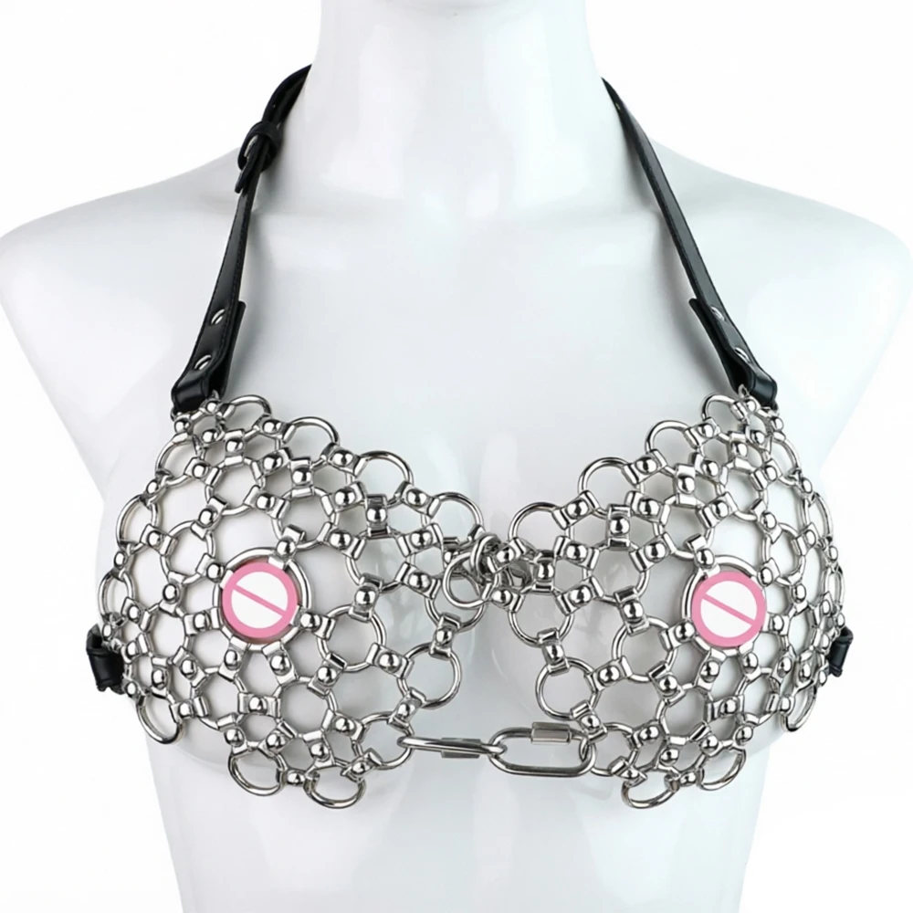 LEZEE Stainless Steel Mesh Bra Harness For Women Leather Belt Bondage Restraint Chest Lingerie Underwear Adult BDSM Sex Toys view 3
