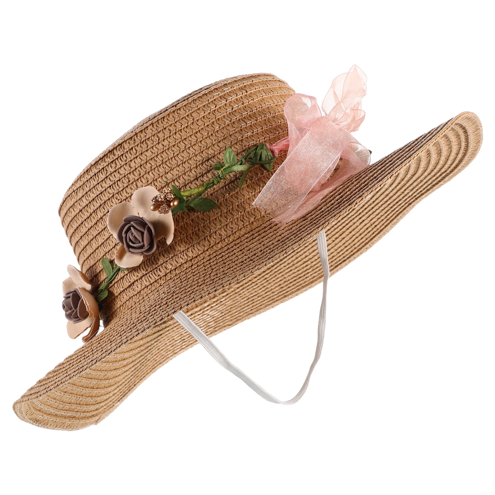 

Women Summer Flat Top Hat Floral Wreath Sun Protection Wide Brim Hat Female Stylish Casual Outdoor Travel Ladies Flat Top Cap