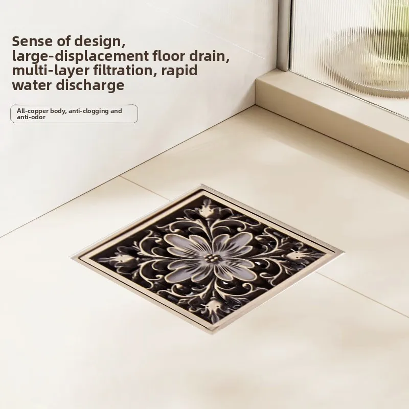 European Vintage Antique Brass Square Floor Drain 10cm Anti Odor Insect Proof Bathroom Shower Waste Grate