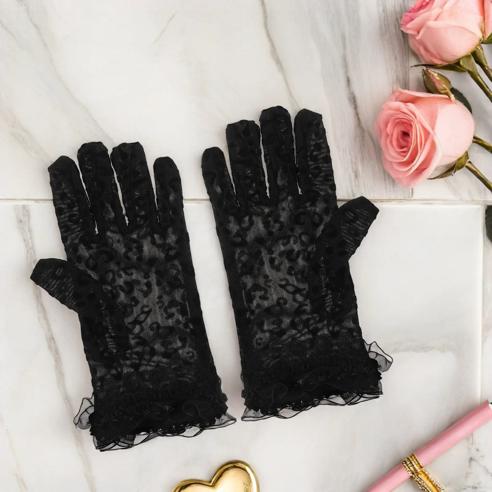 2Pcs Leopard Print Gloves Women Black Mesh Sheer Short Elegant Tea Party Wedding Evening Dress Gloves Breathable Lightweight