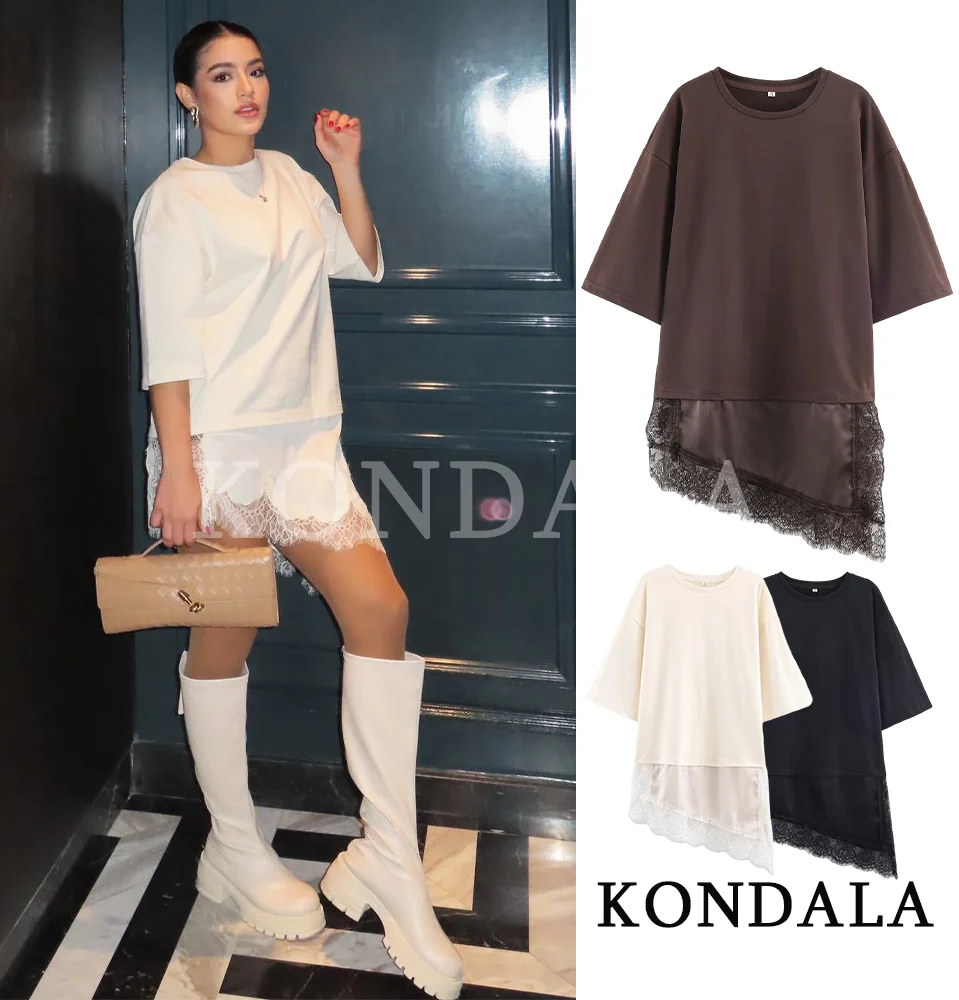 

KONDALA модные повседневные футболки с кружевным подолом, женские шикарные минималистичные футболки с кружевным подолом, искусственные топы из 2 предметов, 2026 праздничные топы