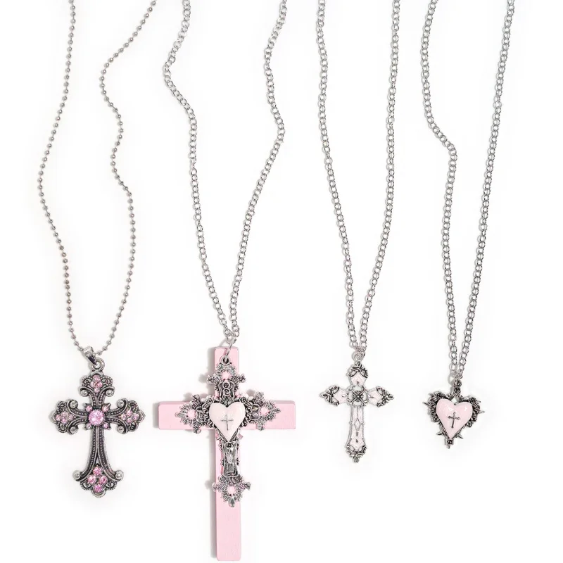 4-teiliges Gothic Rosa Kreuz-Herz-Anhänger-Halsketten-Set mit Rosa Diamanten, Mehrlagiger Ästhetischer Schmuck für Damen – Detail 6