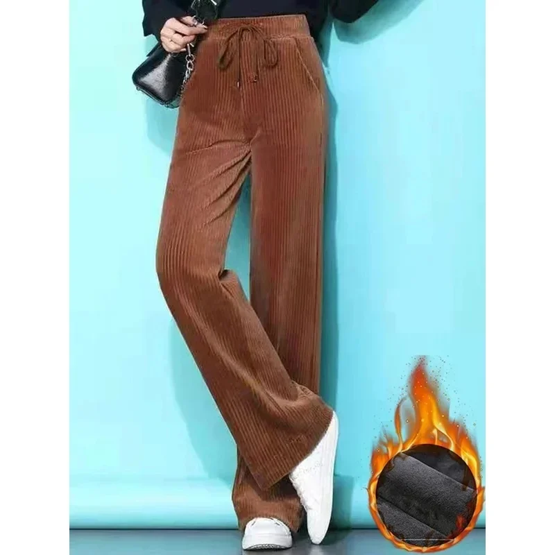 

New Thicken Lace Up Winter Warm Velvet Wide Leg Pants Women Straight Sweatpants Plush Liend Pantalones High Wasit Spodnie