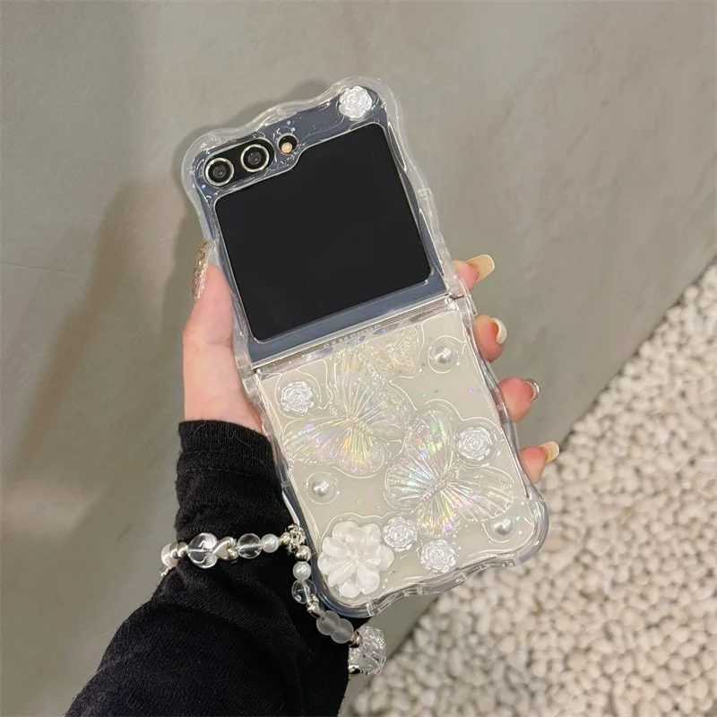 삼성 갤럭시 Z 플립 3 4 5 케이스 3D 만화 나비 팔찌 웨이브 삼성 Z Flip5 ZFlip5에 대한 명확한 충격 방지 커버