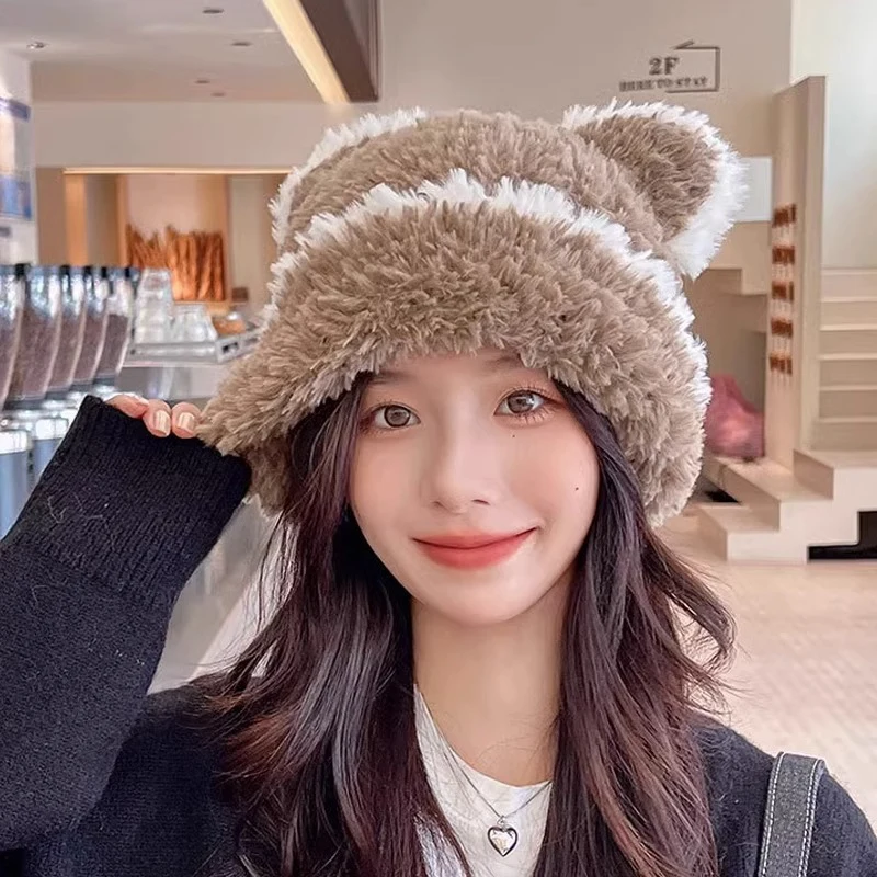 Cute Cat Ears Soft Plush Knitted Cold Hats For Women Autumn And Winter Outdoor Fashion Warm Versatile Pullover Beanies image 5