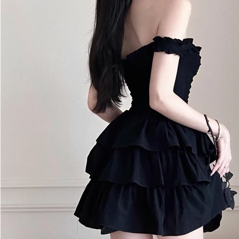 Black Sexy Mini Dress Women A-line High Waist Slim Hot Girls Bodycone Sweet Summer Slash Neck Temper Vestidos Clothing Vintage
