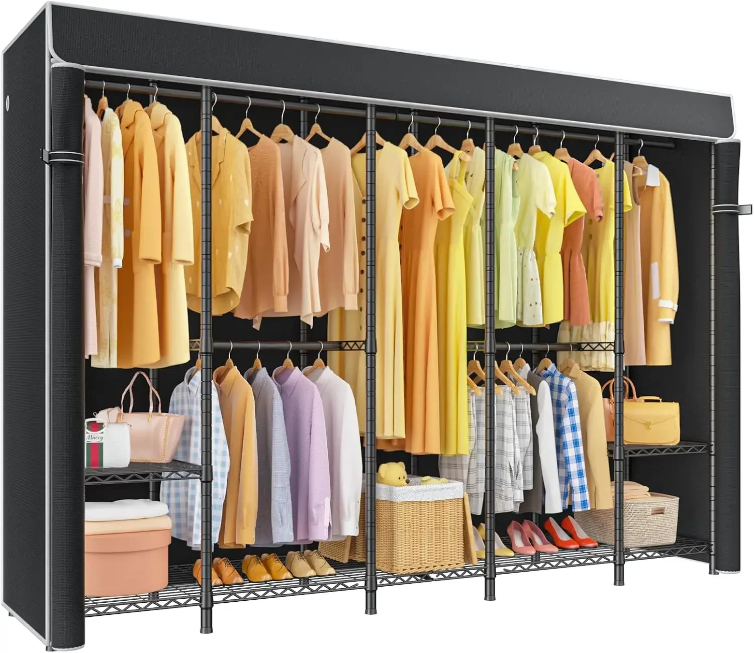 Extra Large Freestanding Heavy Duty Garment Storage Rack with Protective Cover, Portable Hanging Clothes Organizer, Black Covered Wardrobe Unit Supporting 1350 Lbs Max Load