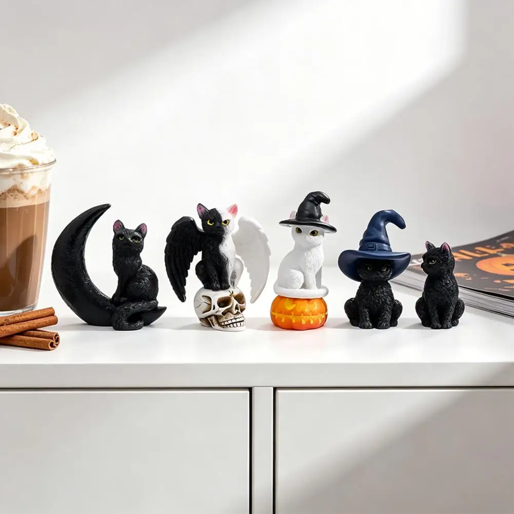 2026 Halloween Cat Figurine, Resin Witch Hat/Moon/Pumpkin/Skull Cat Statue for Halloween Tabletop, Mantel, Shelf, Desk Decor 97
