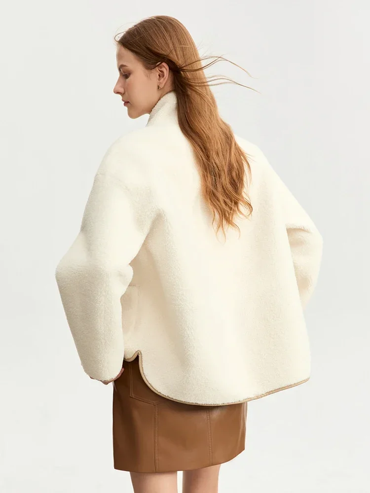 AMII Women's Chinese Style Fur Jacket 2025 Winter Fashion PU Leather Stand Collar Contrast Double Sided Outerwear Tops 12344213