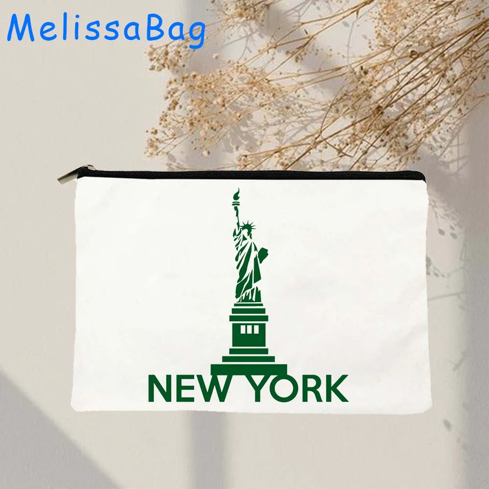 Bolsa de lona con cremallera para cosméticos, bolsa de lona con letras de NYC, Empire State Building, Estatua de la libertad, regalos para maquillaje