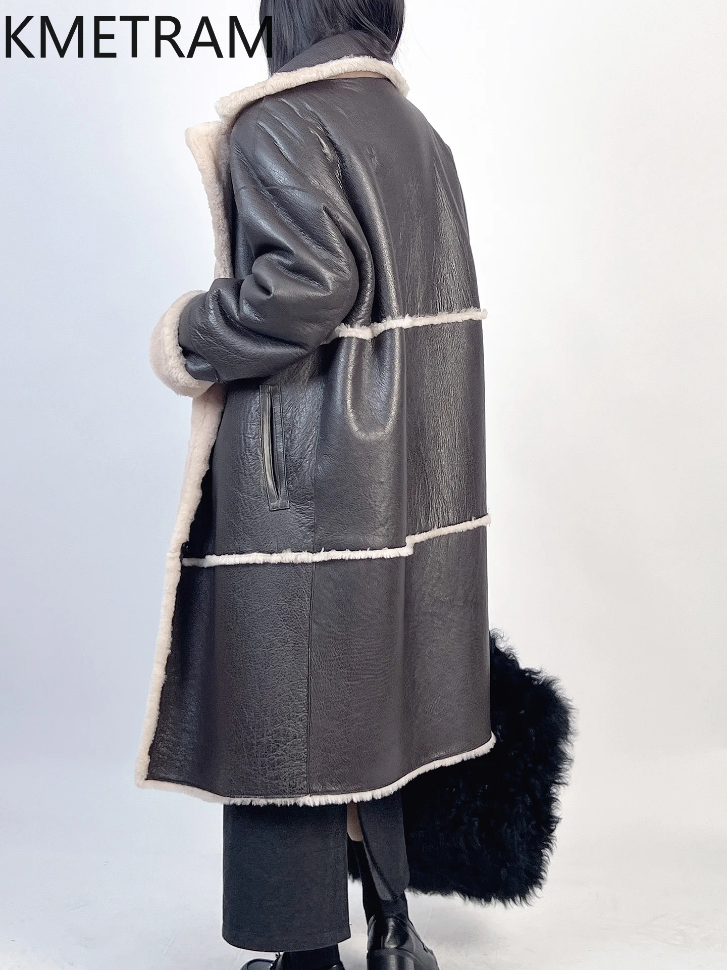 KMETRAM جلد الغنم ميرينو الطبيعي مع معطف مرفق من الصوف سترة طويلة من الفرو الحقيقي ملابس نسائية شتوية