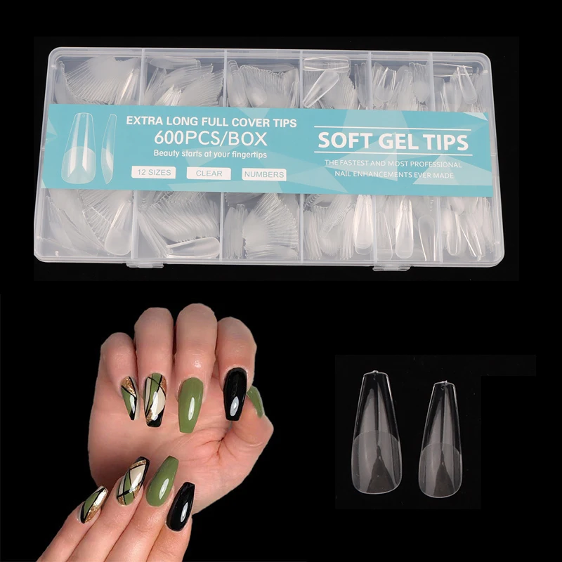 600PCS/Box Soft Gel Nail Tips Supplies,Full Cover False Nail Tips For Acrylic Nails Gel,Almond Nail Tip