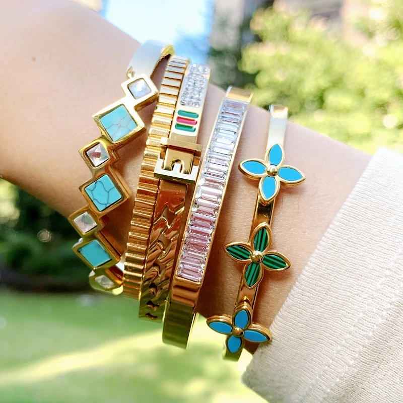 ZALMAN Vintage Jewelry Titanium Steel CZ Crystals Square Bangle Bracelets for Women Green Blue Four Clover flower Bangles Sets