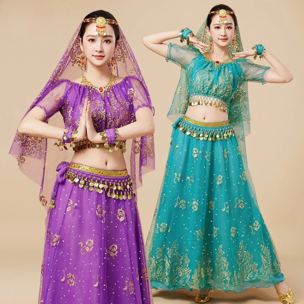 

Womens Indian Dance Costume Set 2/3/5 Piece Chiffon Outfit for Bollywood, Belly Dance,or Stage Performance Ethnic Princess Style