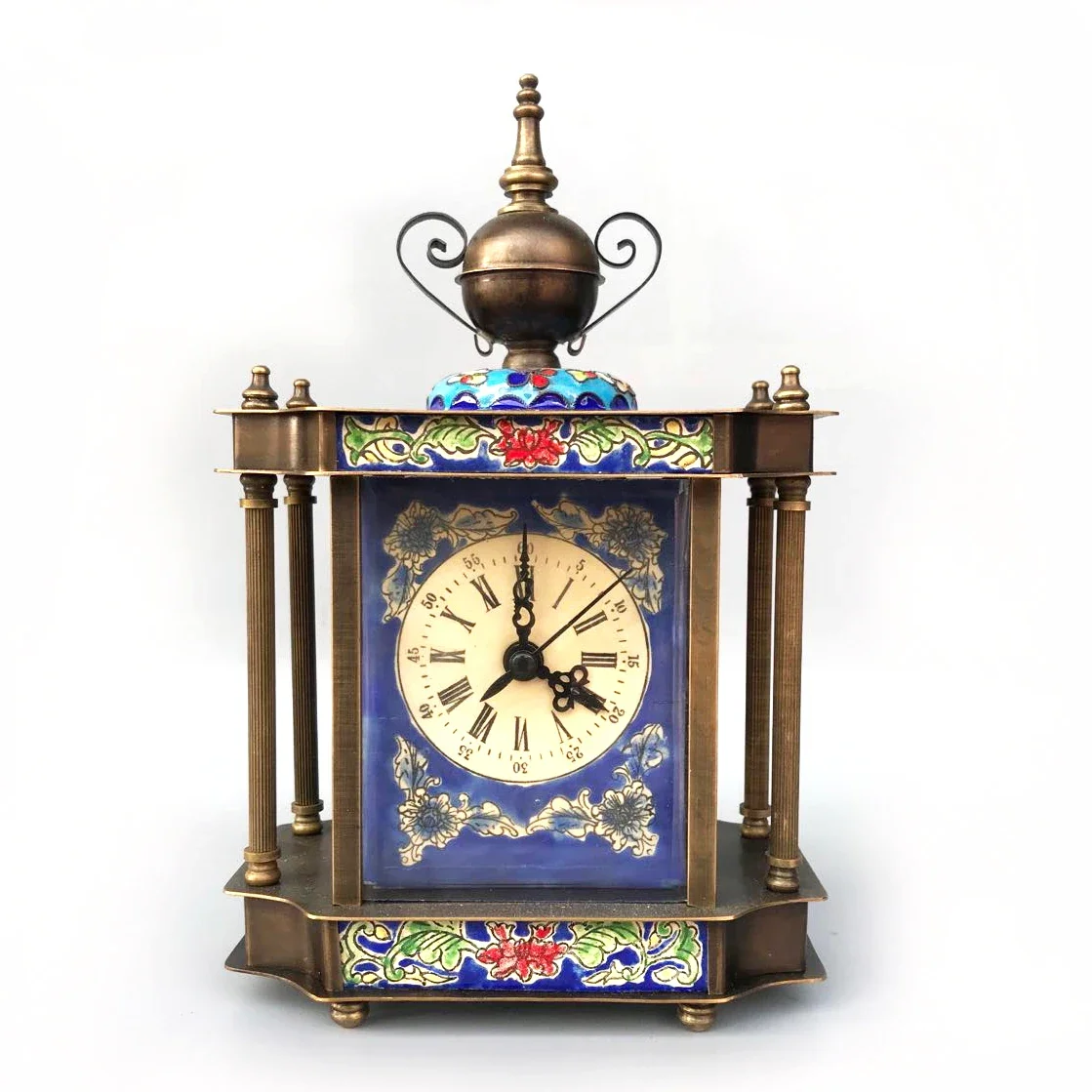 

Pure copper old-fashioned enamel color cloisonne clock, mechanical watch, manual clockwork alarm clock