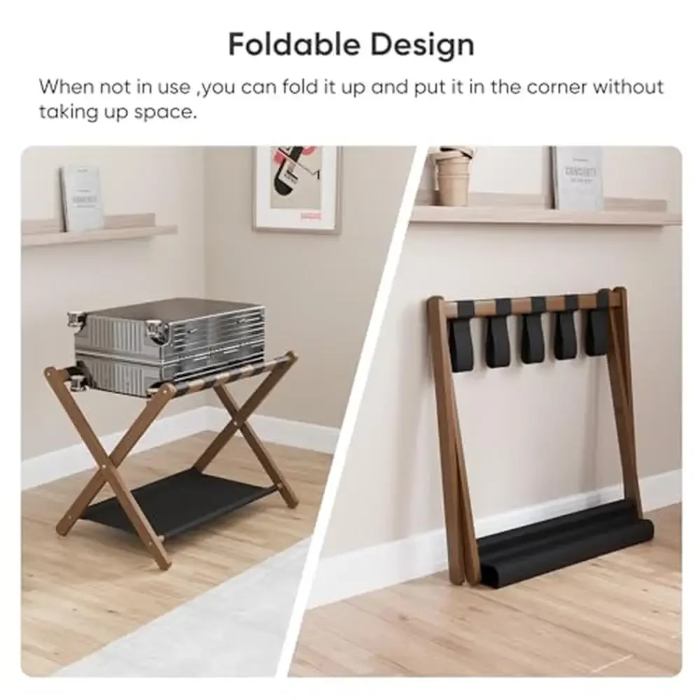 Bamboo Suitcase Stand Pack of 2 Foldable Luggage Rack with Storage Shelf Space-Saving Design Easy Assembly